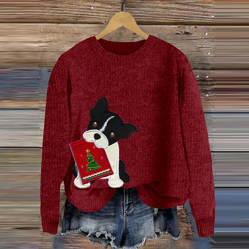 Comstylish Funny Christmas Tree Boston Terrier Applique Art Cozy Sweater