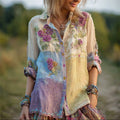 Boho Roses Floral Embroidered Colorblock Lace Stitched Linen Blouse elevenforest