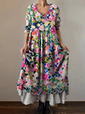 Women's Floral Art Print V-Neck Button Pocket Cotton Dress