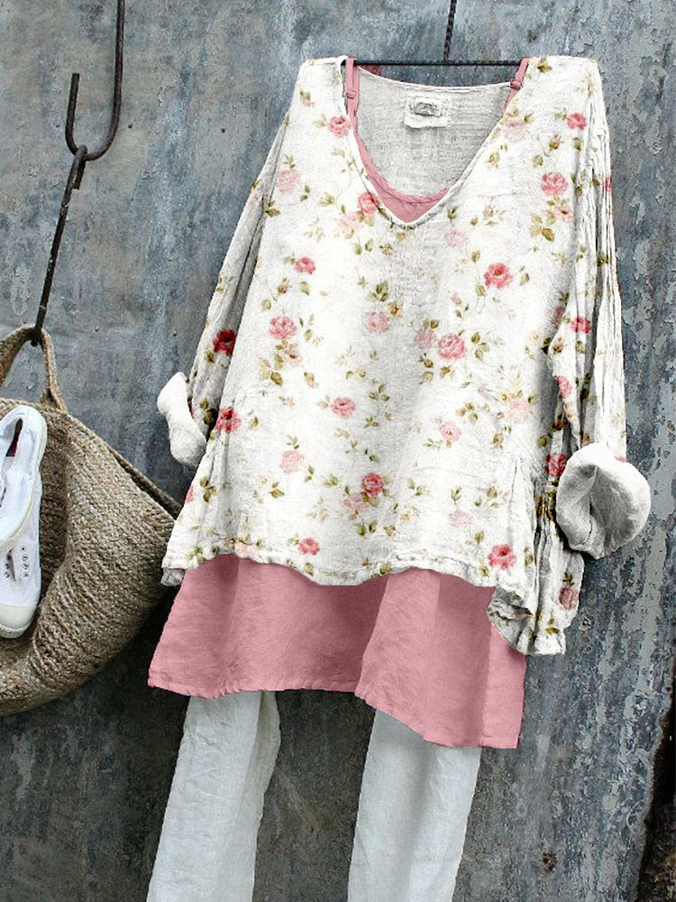 Vintage Cottagecore Floral Pattern Linen Blend Tunic elevenforest