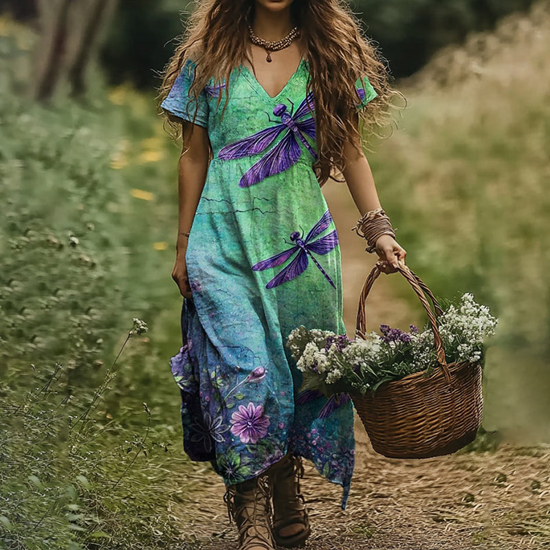 Women's Dragonfly Floral Print V-neck Loose Midi Dress elevenforest
