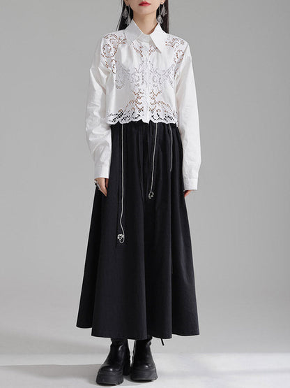 Long Sleeves Loose Buttoned Hollow Color Lapel Blouses&shirts Tops