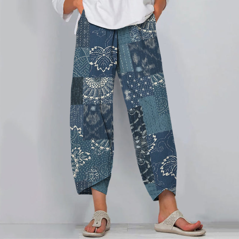 Vintage Japanese Traditional Sashiko Blooming Patchwork Art Cropped Casual Pants elevenforest