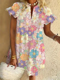 Vintage Flower Print Ruffled Short-sleeved V-neck Buttoned Dress Vacation Beach Dress