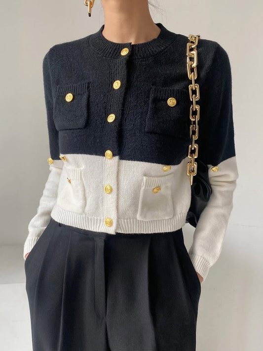 Long Sleeves Buttoned Contrast Color Round-neck Cardigan Tops