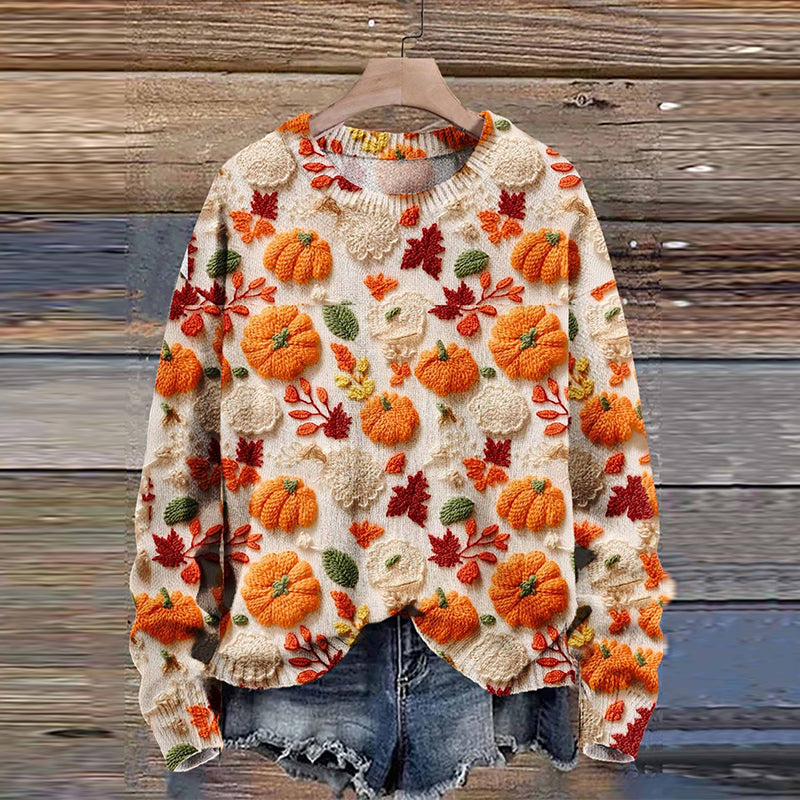 Pumpkin Maple Leaves Autumn Season Halloween Art Print Knit Pullover Sweater artswardrobe