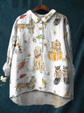 Hand Drawn Cartoon Pattern Kitten Leaves Printed Cotton And Linen Shirt