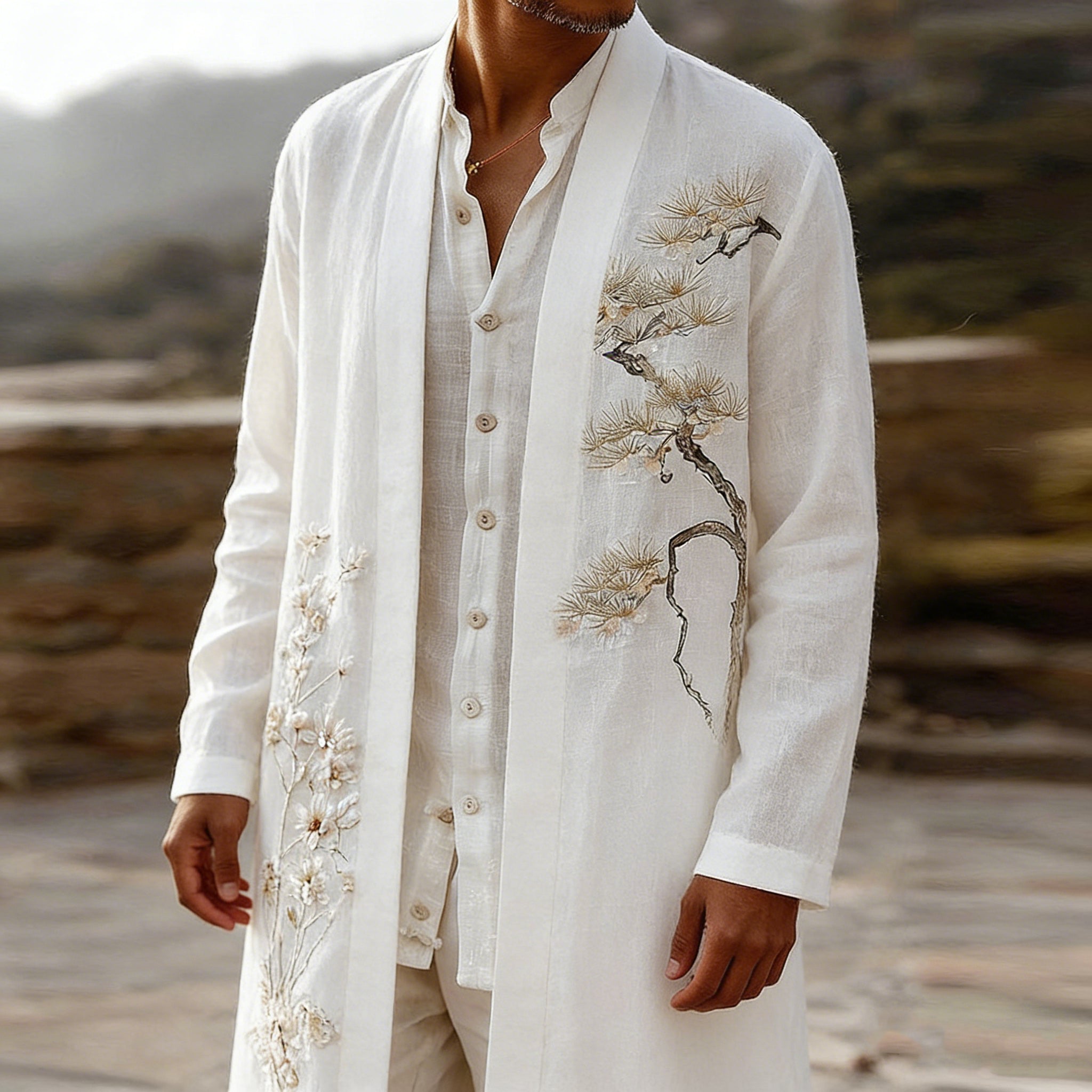 Men's Japanese-style Cherry Blossom Art Long Kimono elevenforest