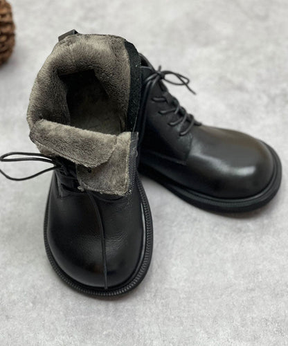 Chocolate Boots Cowhide Leather Warm Fleece Lace Up Boots