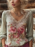 Bohemian Retro Plant And Flower Pattern Casual Cotton And Linen Long-sleeve Top elevenforest