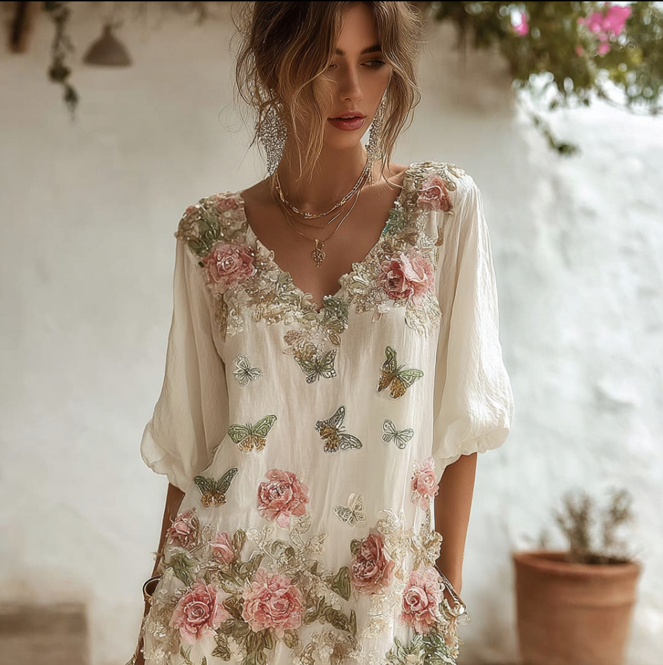 Bohemian Style Plant Flower And Butterfly Pattern Embroidery Design V-neck Woman's Long Dress elevenforest