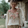 Boho Gauze Floral Sequin Embroidered Women's Flowing Long Sleeve Shirt elevenforest