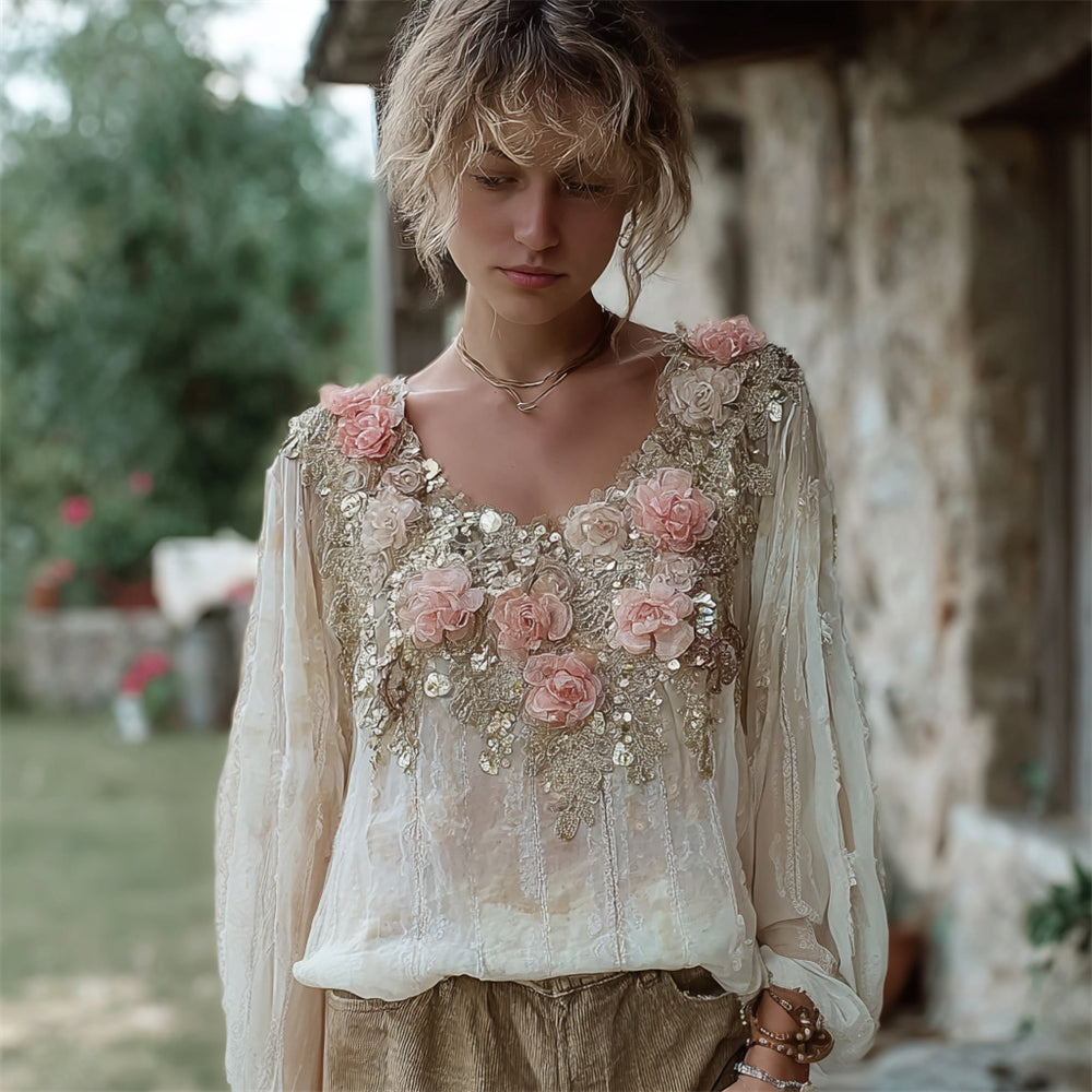 Boho Gauze Floral Sequin Embroidered Women's Flowing Long Sleeve Shirt elevenforest