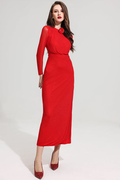 Rhinestone Stand Collar Mermaid Maxi Dress Red