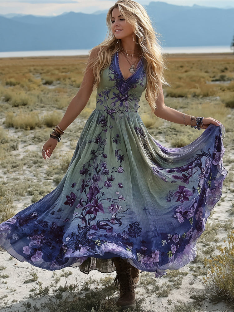 Vintage Boho Floral Pattern Women's Linen V-neck Vest Maxi Dress elevenforest