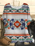 Vintage Bohemian Fashion Traditioneller Pattern Crew Neck Casual Linen Blend Shirt elevenforest