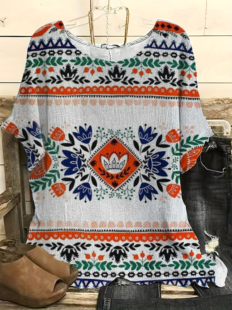 Vintage Bohemian Fashion Traditioneller Pattern Crew Neck Casual Linen Blend Shirt elevenforest