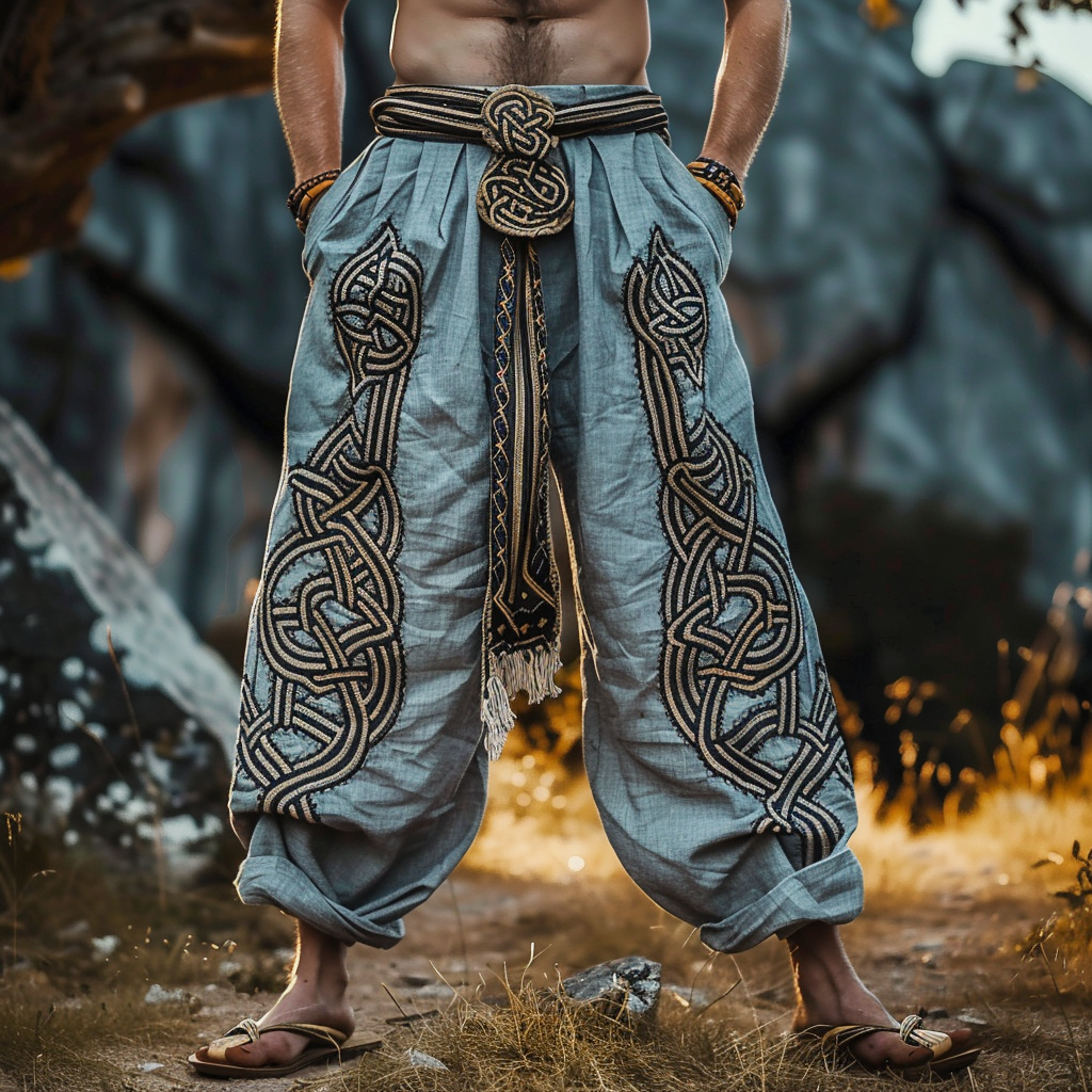 Men's Vintage Viking Celtic Embroidery Art Linen Long Loose Wide-leg Pants elevenforest
