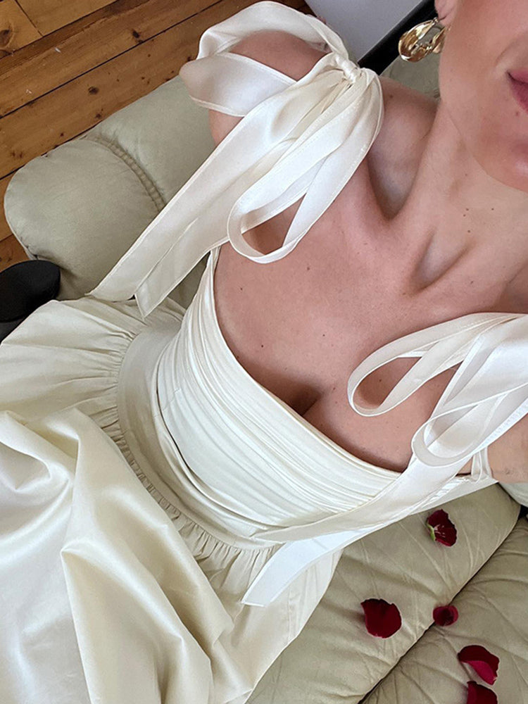 Tossy Long Sundress Dress Patchwork Lace Up A-line Folds Sleeveless Female Party Evening Tank Maxi Dress