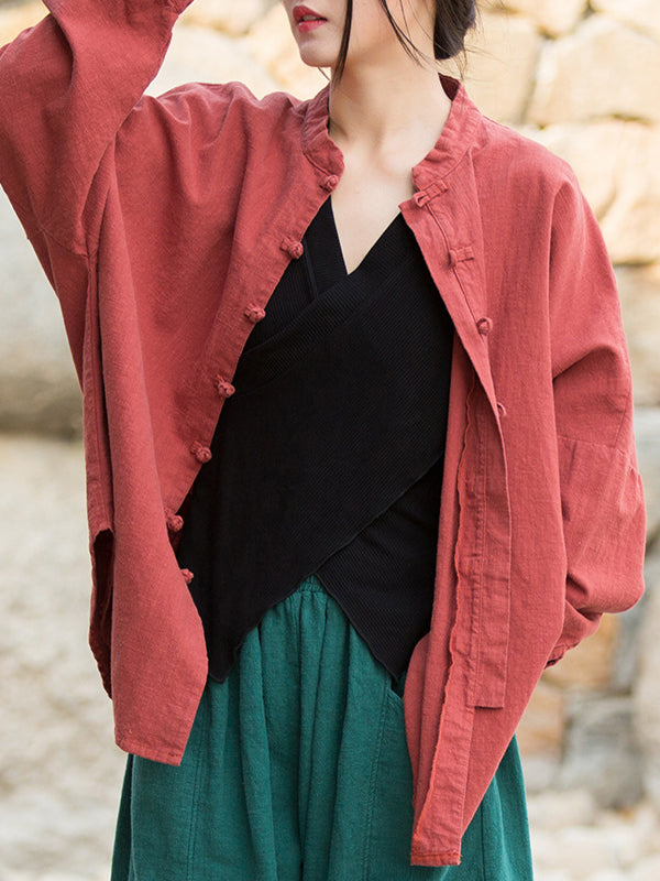 Batwing Sleeves Loose Chinese Frog Buttons Pleated Color Split-joint Stand Collar Blouses