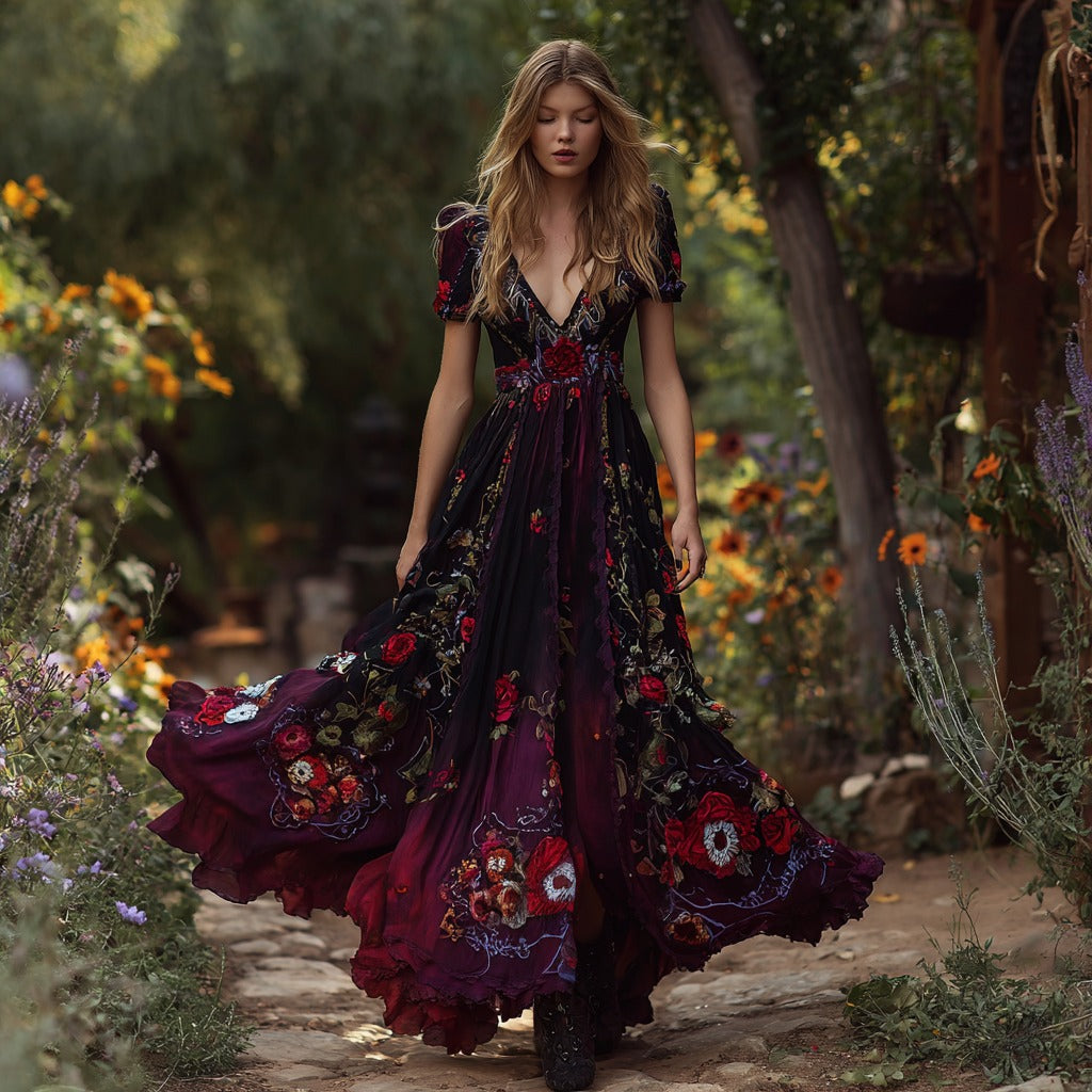 Women's Retro Red Rose Skull Embroidery Pattern Casual Short Sleeve Dress elevenforest