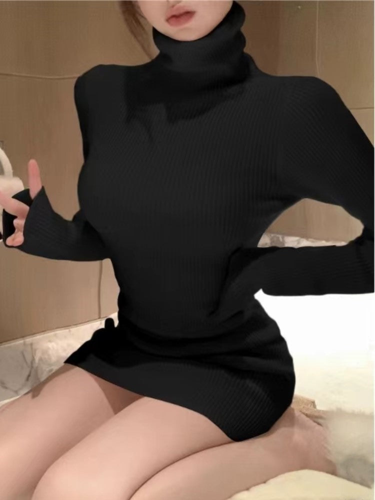 Korean Style Knitted Dress Long Sleeve Turtleneck Autumn Simple Mini Dresser Y2k Wrap Hip Vestidos New