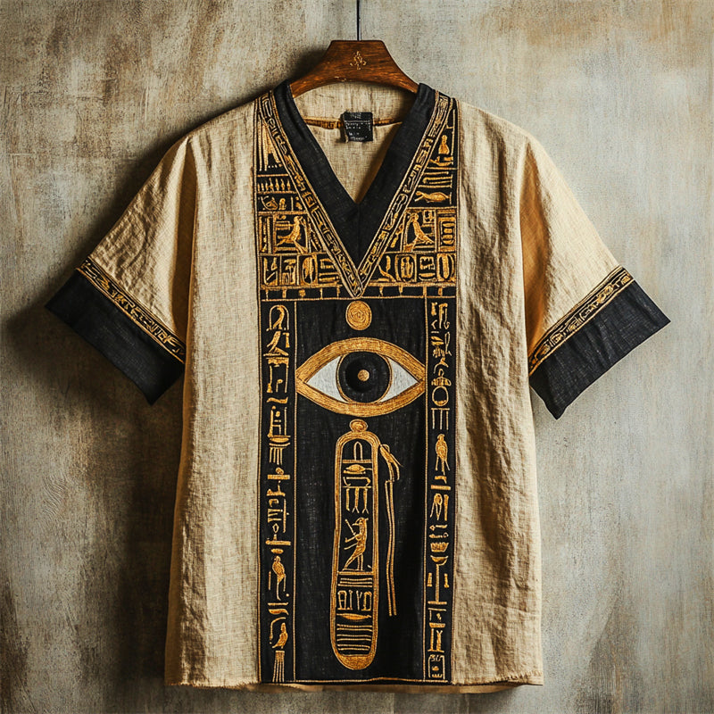 Ancient Egyptian Eye Of Horus Embroidered Contrast Linen Shirt elevenforest