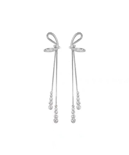 Stylish Sterling Silver Bow Tassel Drop Earrings