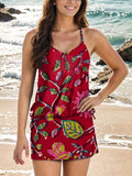 Vintage Flower Art Print V-neck Suspender Two Piece Swimsuit Set