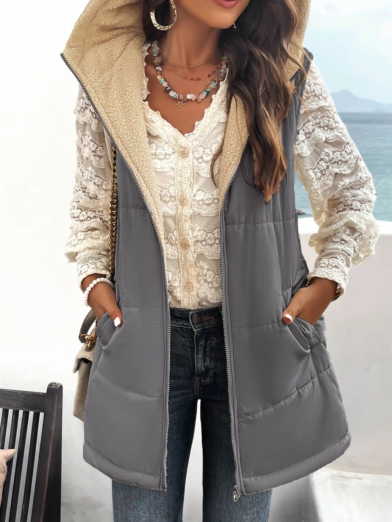 Fall and Forever Hooded Puffer Vest - Grey