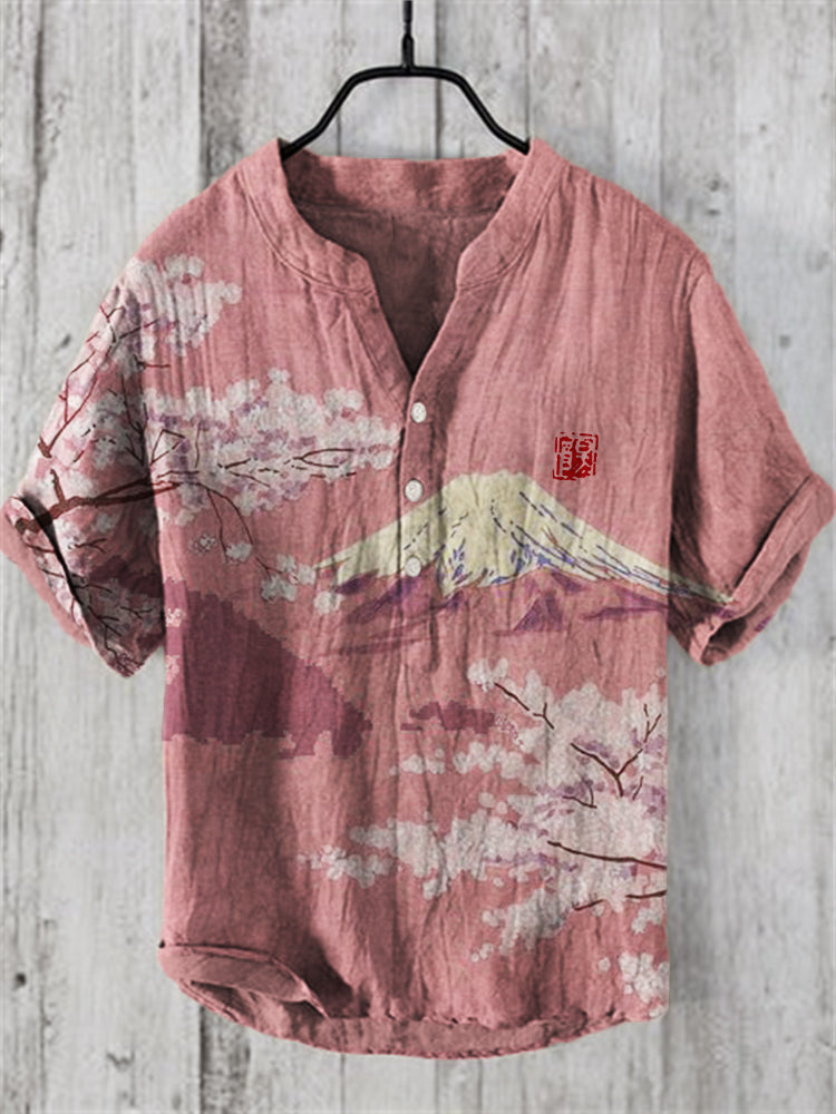 Cherry Blossom Mount Fuji Japanese Landscape Linen Blend Shirt elevenforest