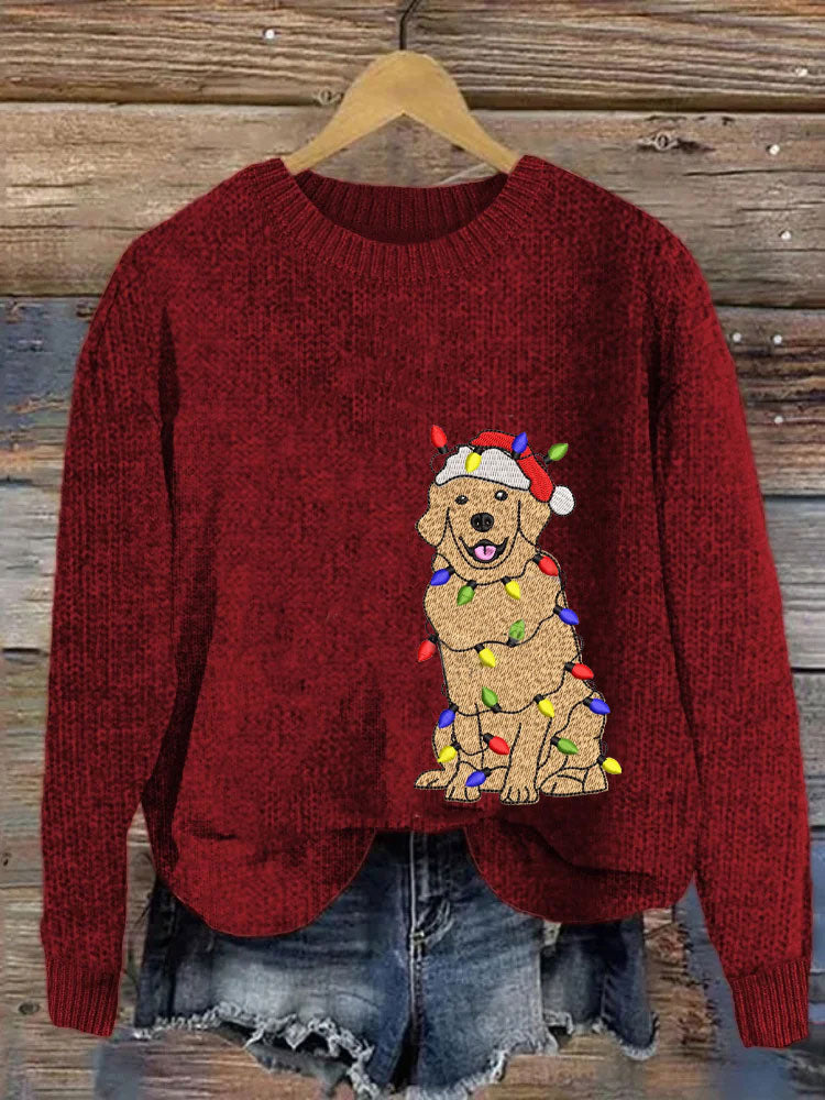 Comstylish Women's Christmas Golden Retriever Embroidery Print Sweater