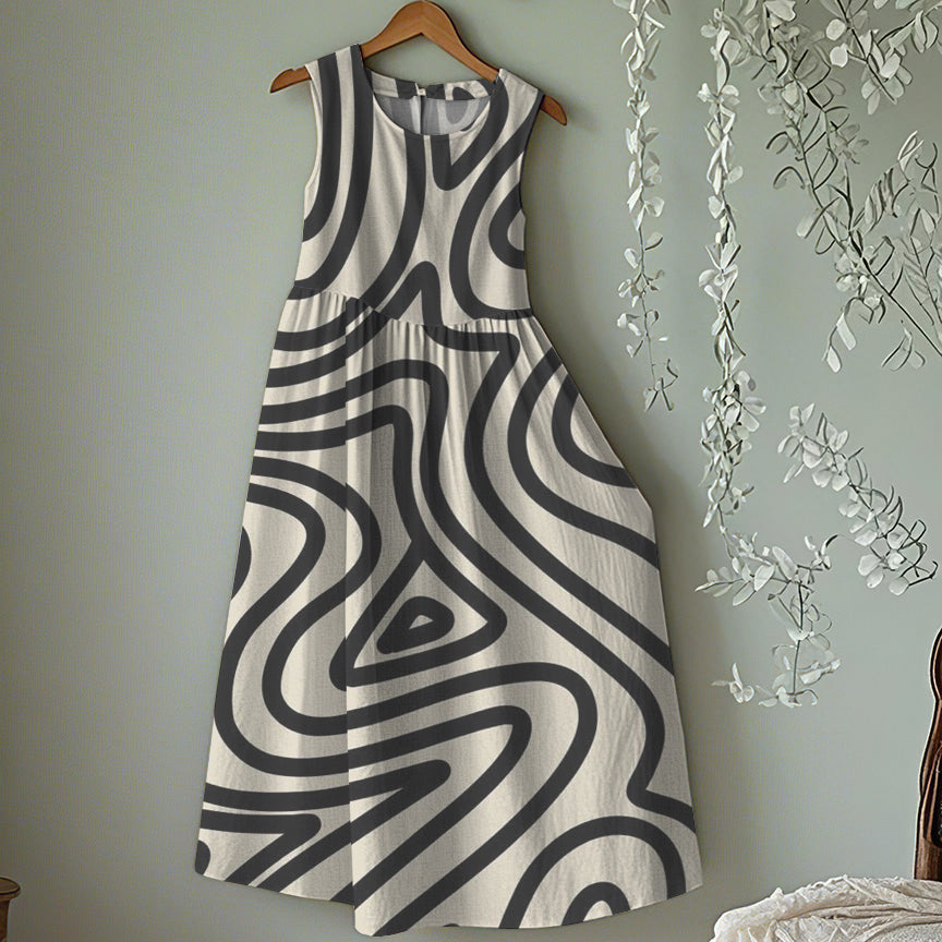 Vintage Stripe Art Linen Tank Midi Dress elevenforest