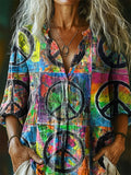 Women's Hippie Art Print Casual Cotton And Linen Shirt