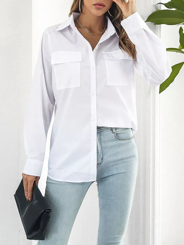 Long Sleeves Loose Color Split-joint Lapel Blouses