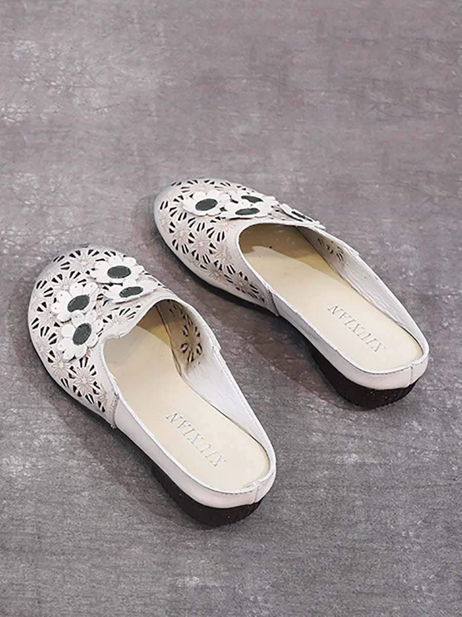 Summer Leather Flower Spliced Cutout Slippers Oo1019