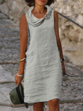 Cotton Linen Sleeveless Pile Neck Casual Dress