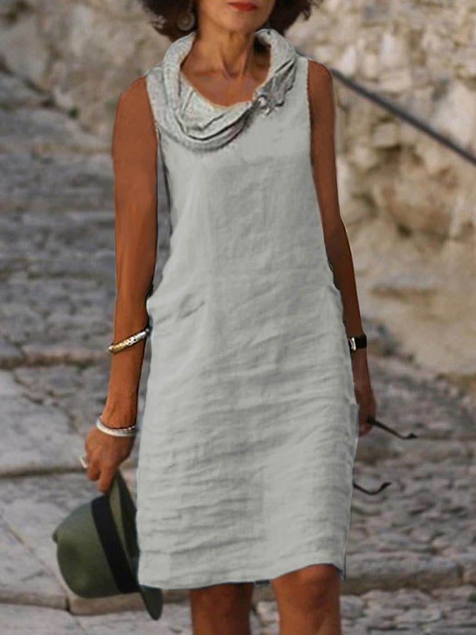 Cotton Linen Sleeveless Pile Neck Casual Dress