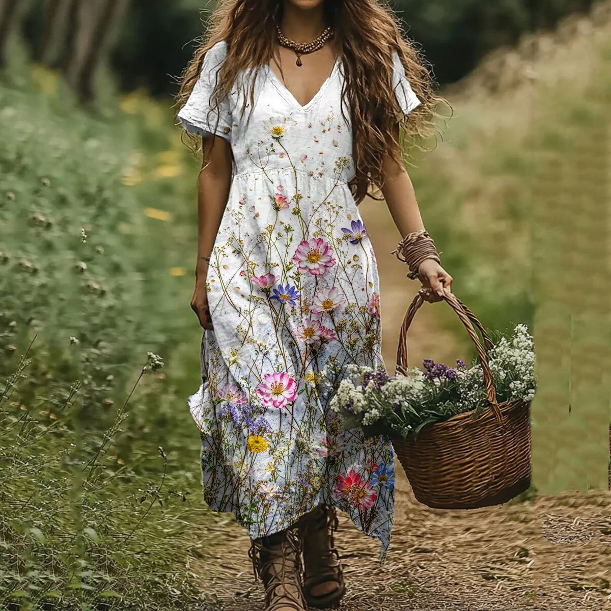 Vintage Wildflower Art Linen V-neck Dress elevenforest
