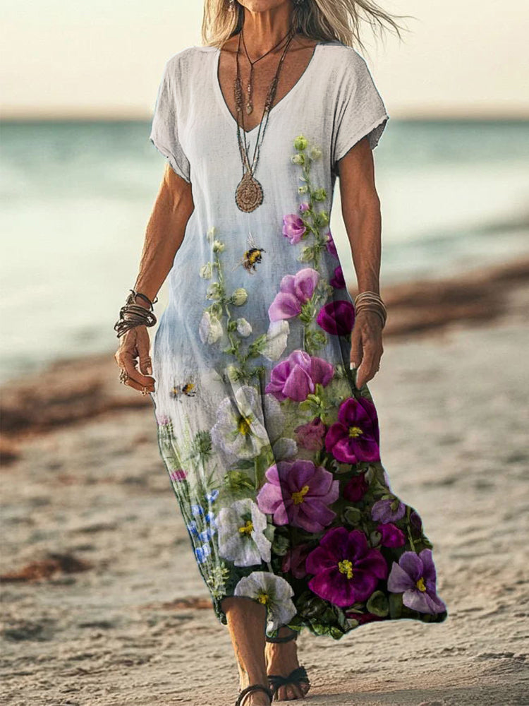 Women's Floral Embroidered Linen Blend Vintage Dress elevenforest
