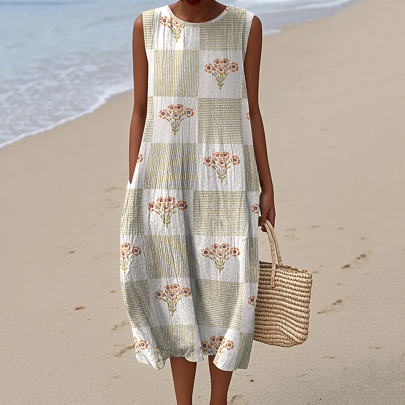 Vintage Floral Stripe Print Crew Neck Dress elevenforest