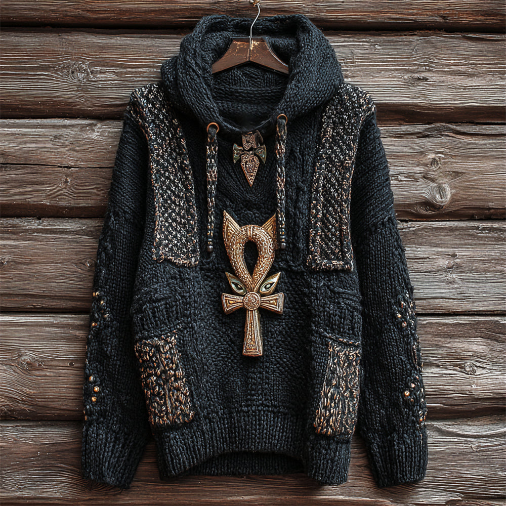 Halloween Egyptian Ankh Cat-shaped Women's Hooded Sweater elevenforest