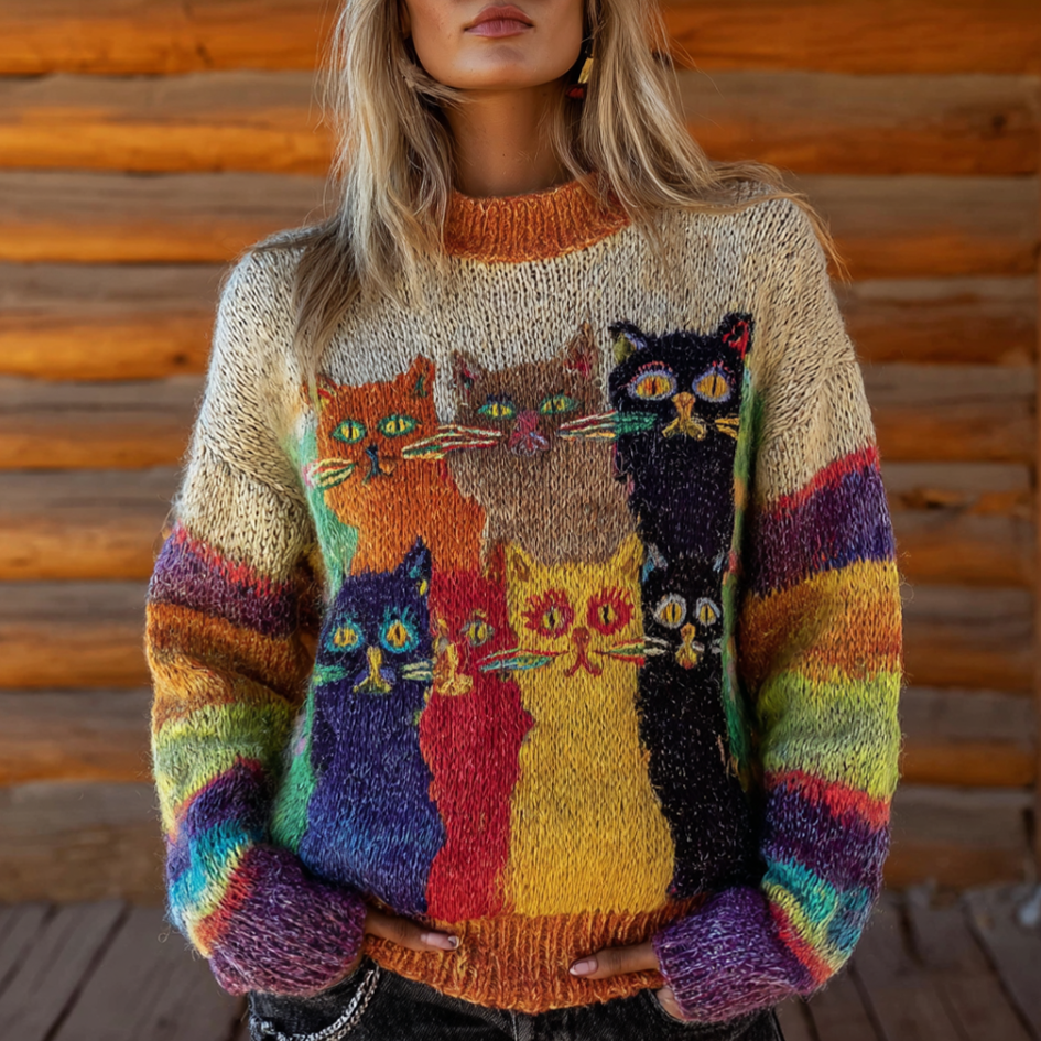 Comstylish Retro Fun Cat Lady Round Neck Knitted Sweater