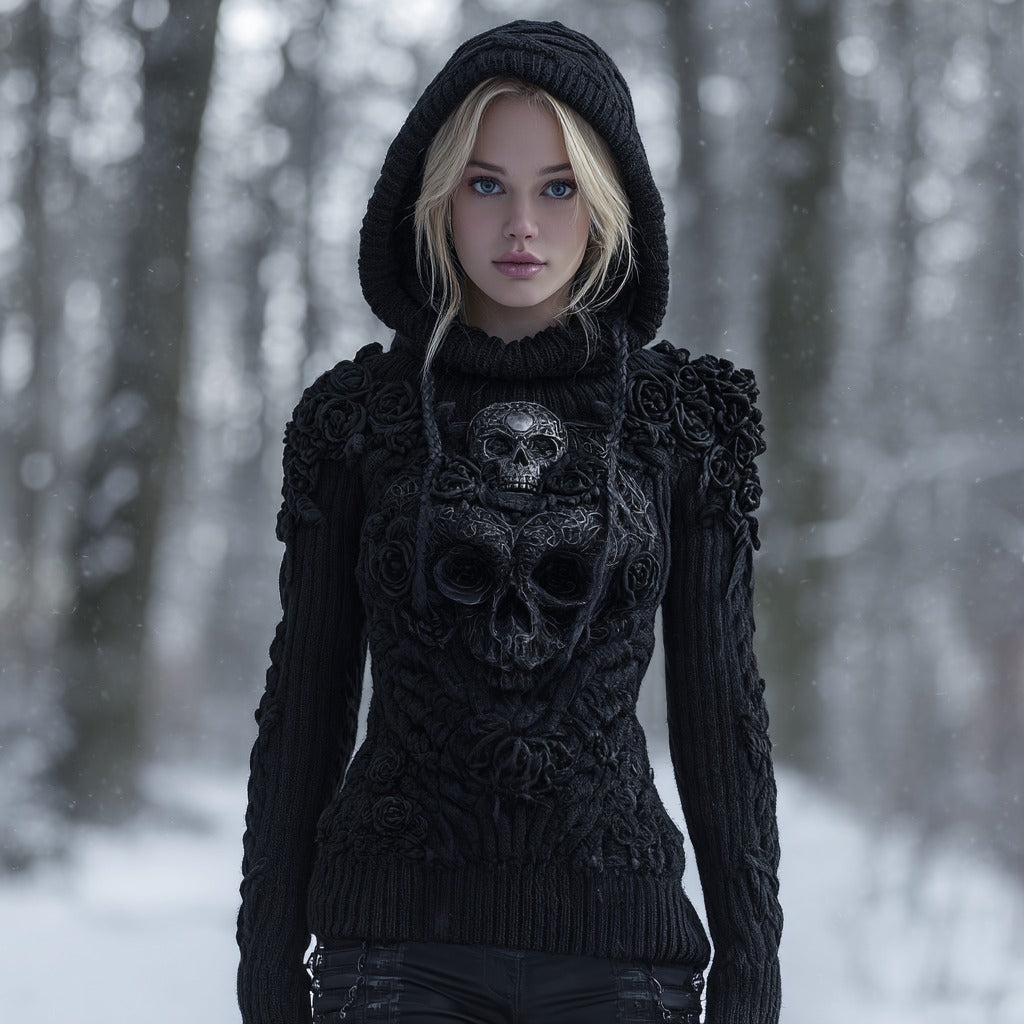 Women's Vintage Celtic Knot Skull And Roses Knitted Hooded Sweater elevenforest