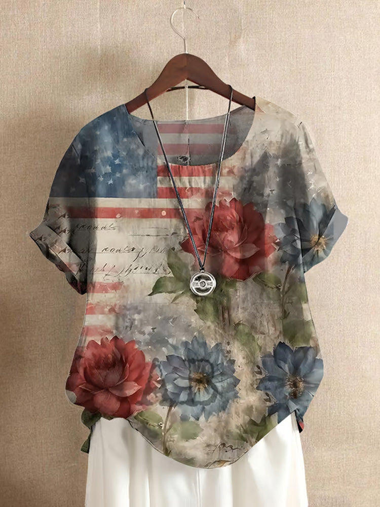 Comstylish Women's Casual Cotton And Linen Round Neck Independence Day Floral Shirt