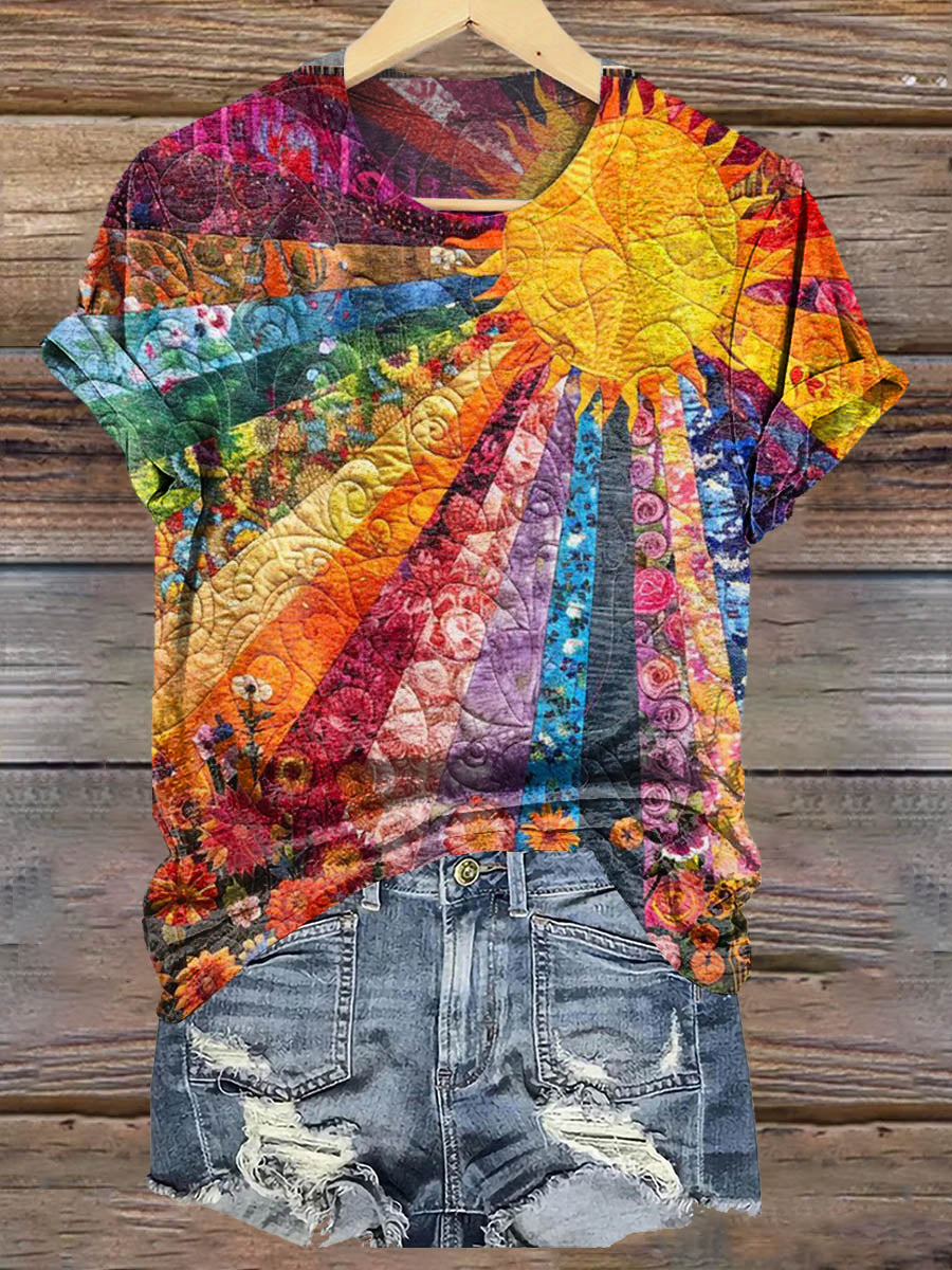 Women's Art Painting Rainbow Patchwork Floral Art Print Round Neck T-S