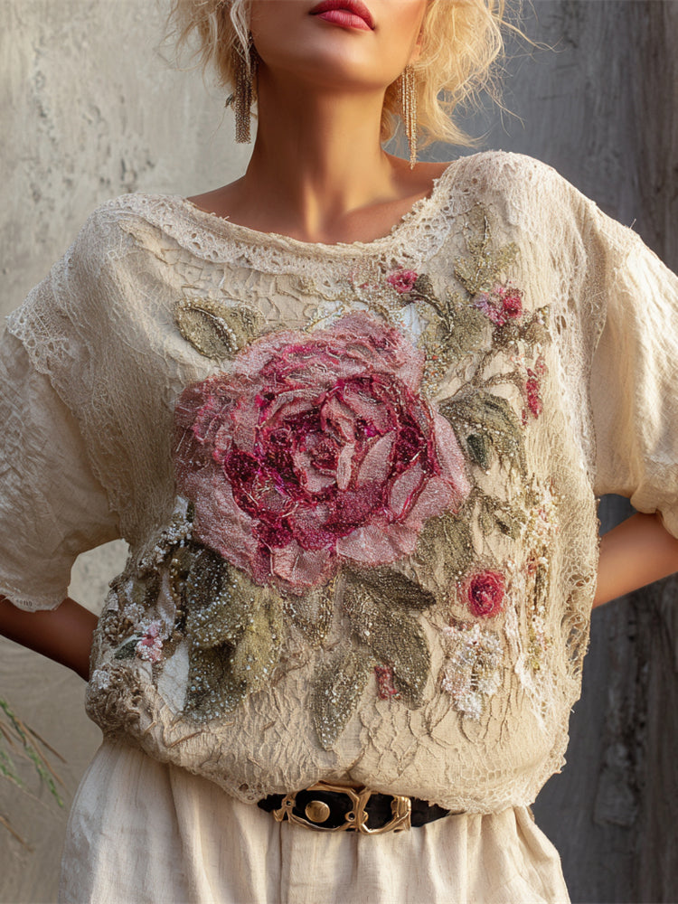 Boho Rose Floral Embroidery Women's Linen Top elevenforest