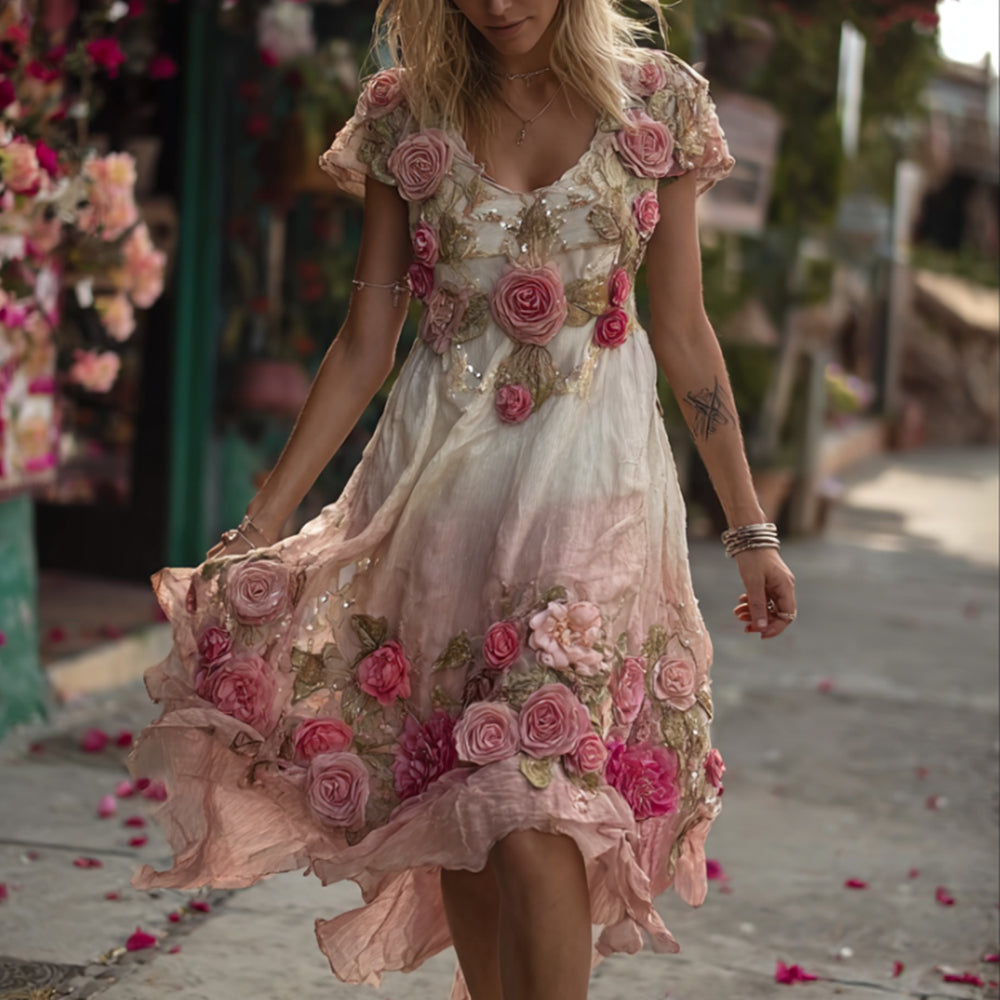 Bohemian Style Pink Rose Youth V-neck Vintage Short Skirt elevenforest