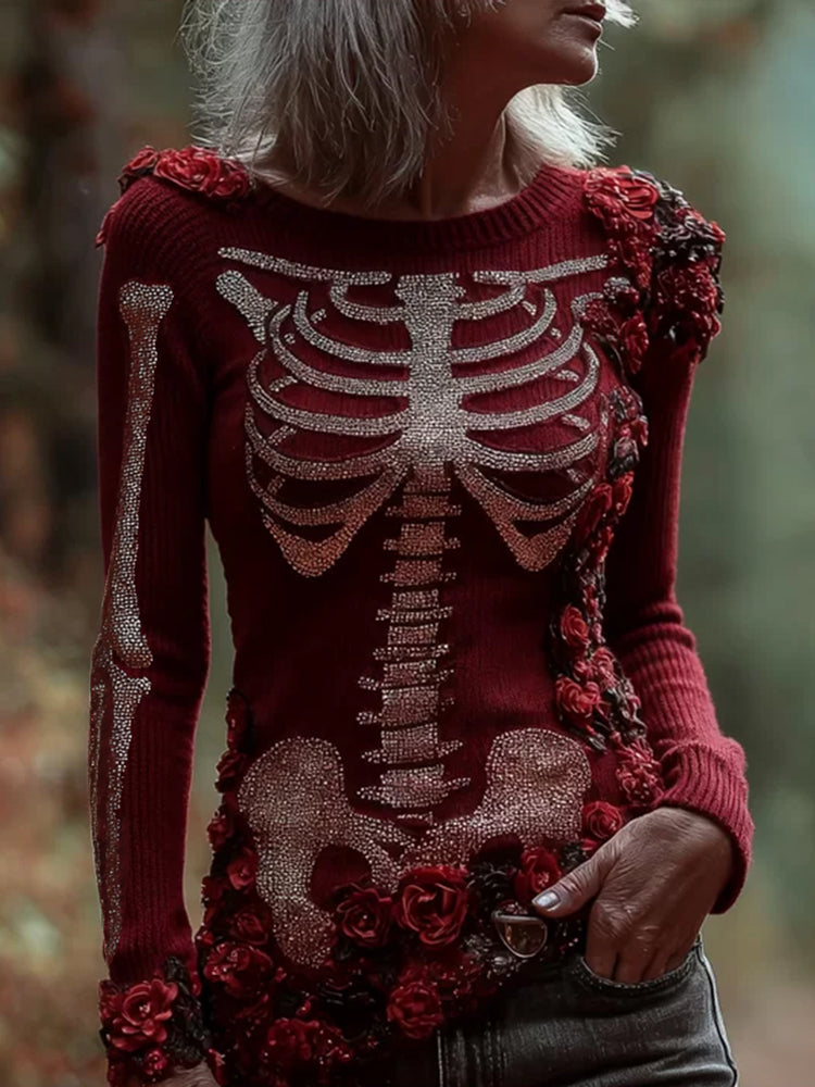 Women's Halloween Skeleton Flower Red Edge Round Neck Sweater artswardrobe