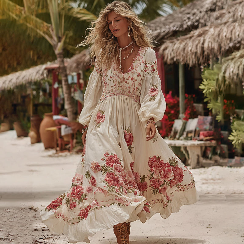Women's Romantic Rose Patchwork Art Comfy Linen Vacation Maxi Dress elevenforest